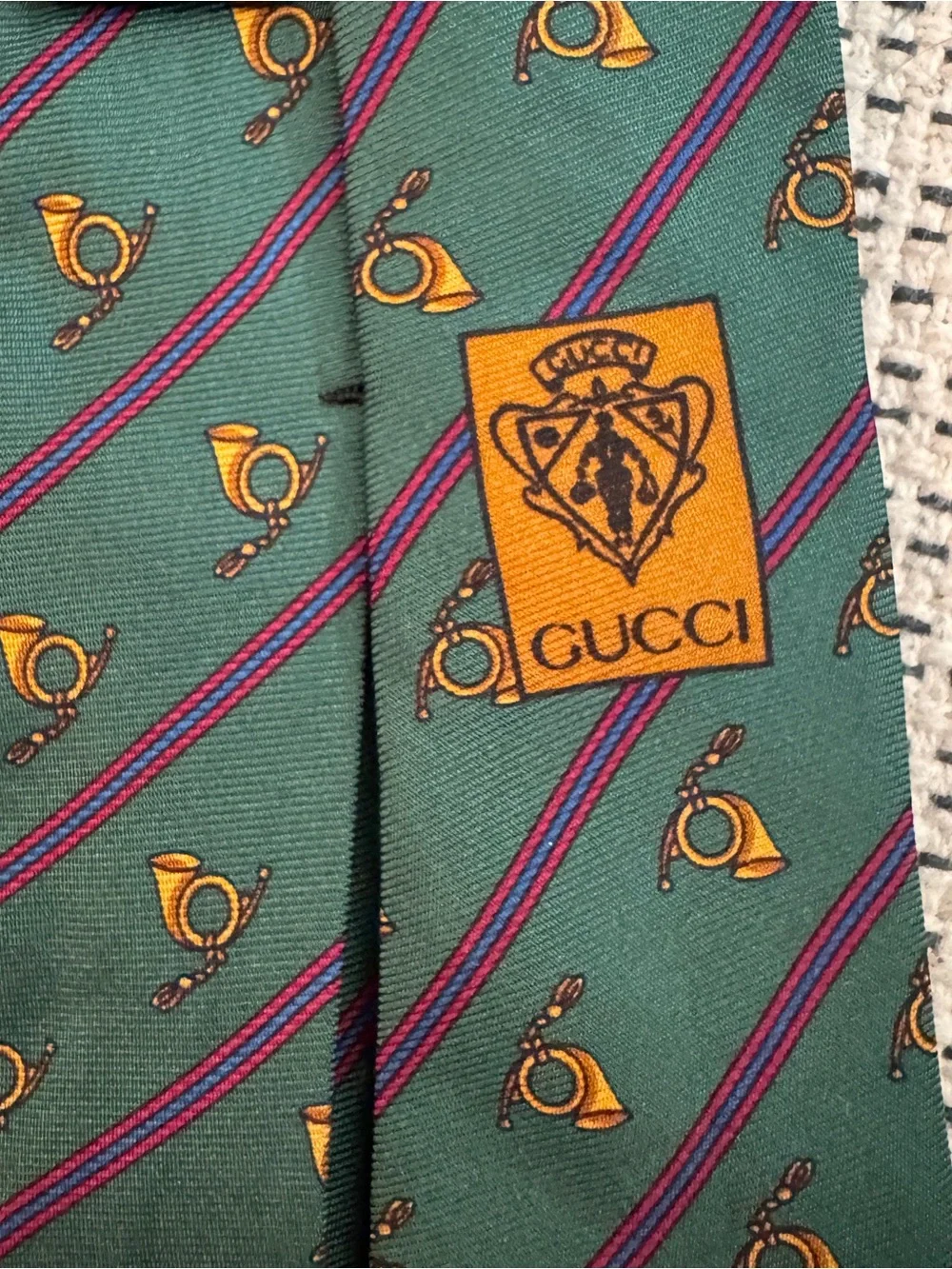 Vintage 80s/90s Gucci Green Silk Equestrian Hunting Horn Tie Deadstock